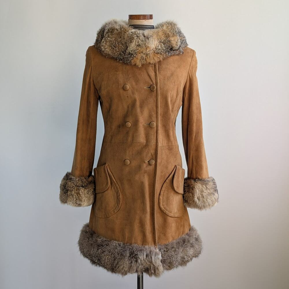 Vintage Leather Penny Lane Jacket Faux Fur Furry 70s Afghan Tapestry Trench Coat - Picture 13 of 16